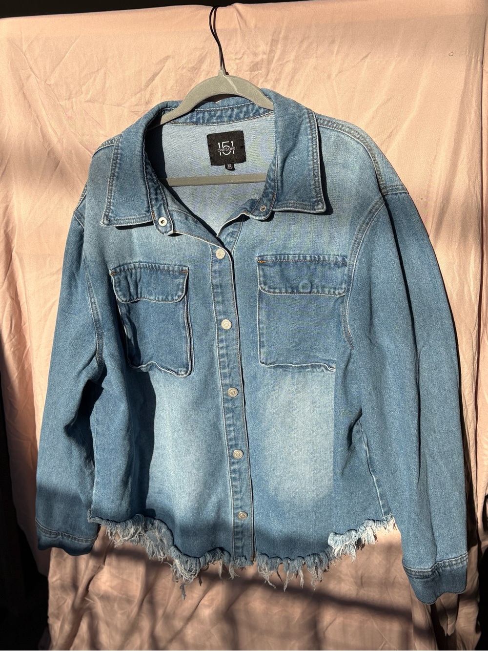 One5One Denim Jacket 100% Cotton Plus 2X Frayed Raw Hem Button Front Shirt